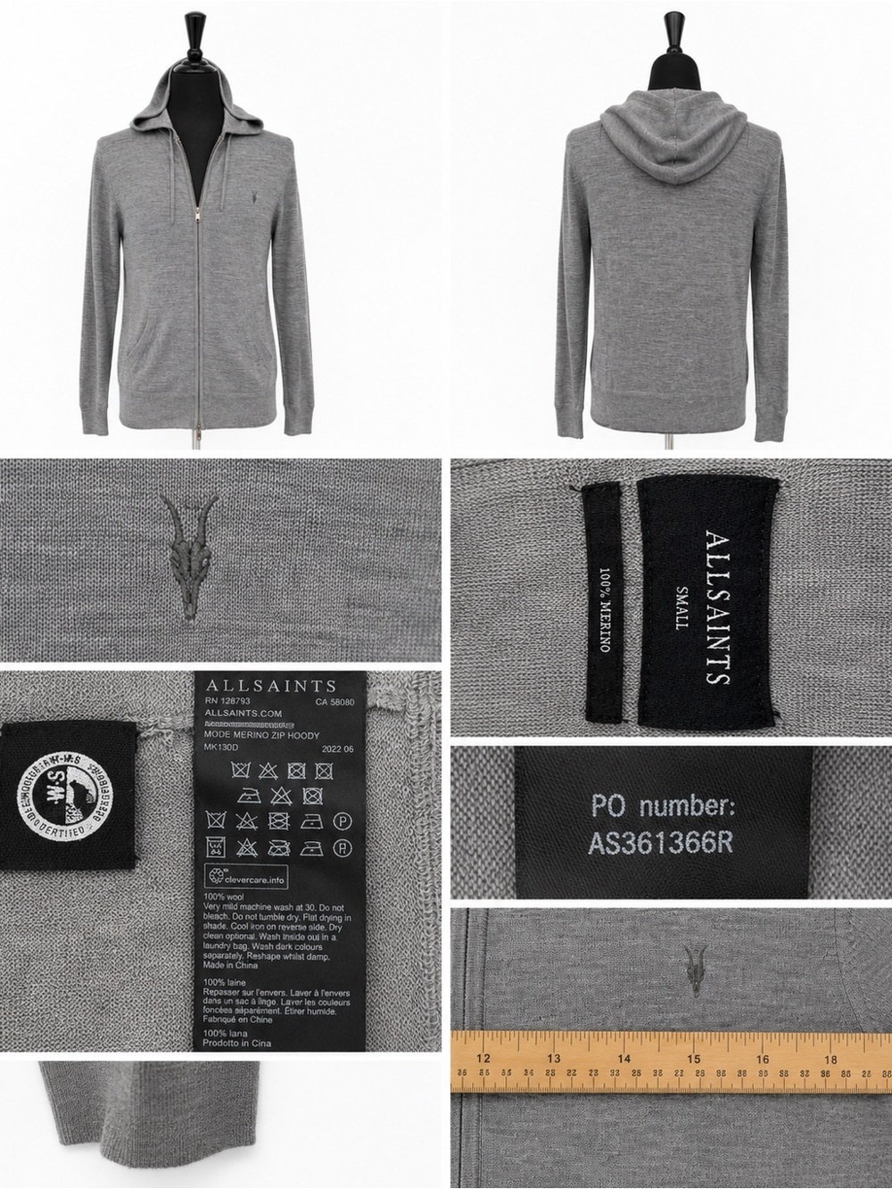 AllSaints Men's Light Gray Merino Zip-Up Hoodie
